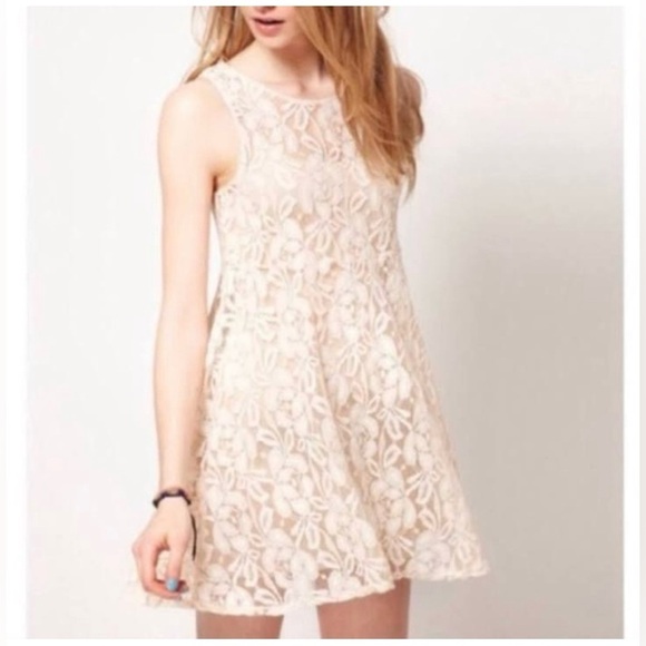 Free People Cream Lace Floral Embroidered Boho Hippie Fit Flare Mini Dress - Picture 1 of 9